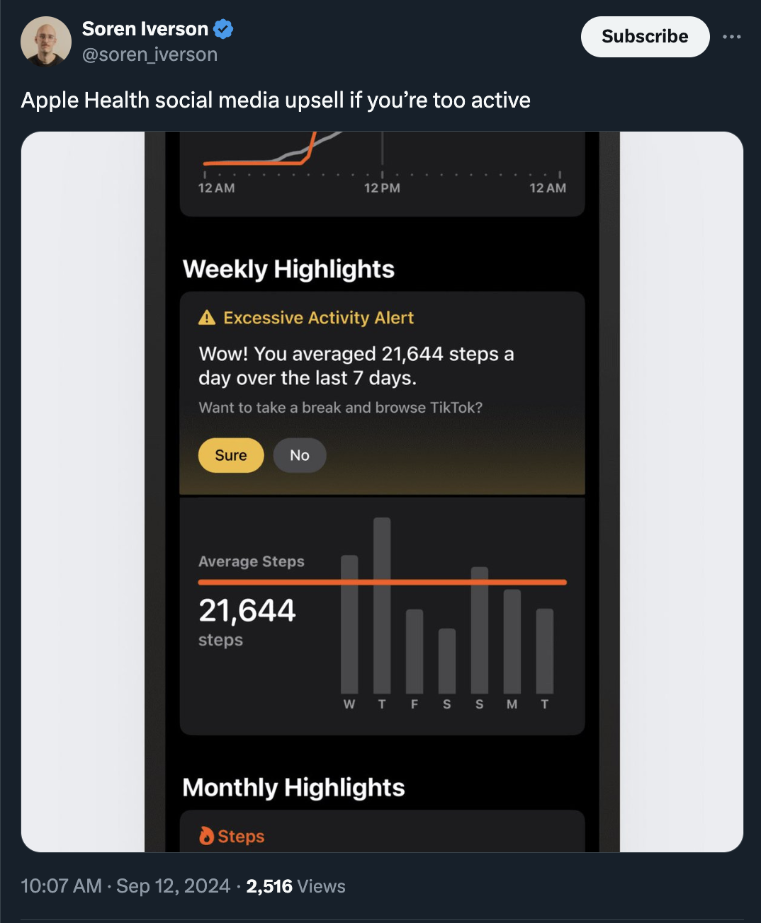 screenshot - Soren Iverson iverson Apple Health social media upsell if you're too active 12AM 12PM 12AM Weekly Highlights A Excessive Activity Alert Wow! You averaged 21,644 steps a day over the last 7 days. Want to take a break and browse Tik Tok? Sure N